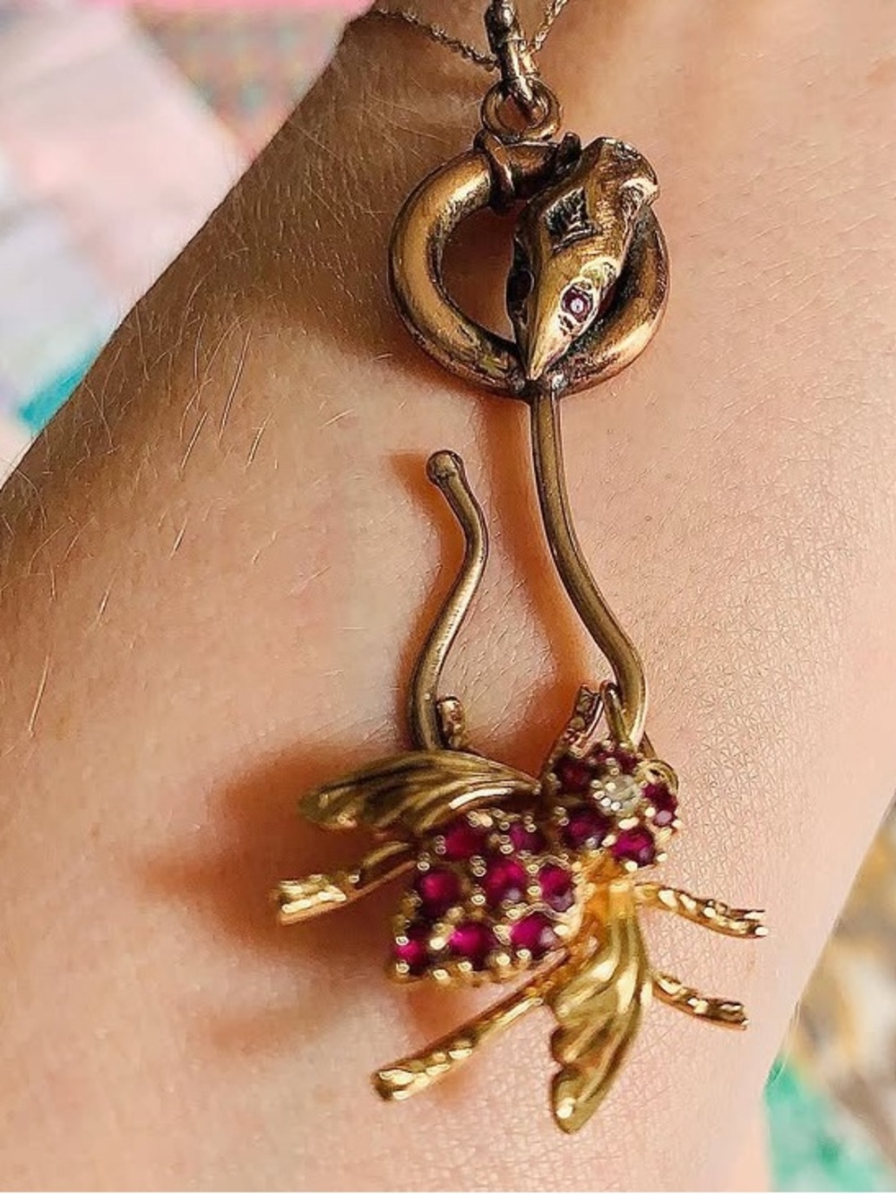 Rare Antique 9k snake hook connector  for pendants w/ 2 authentic ruby eyes❤️🐍